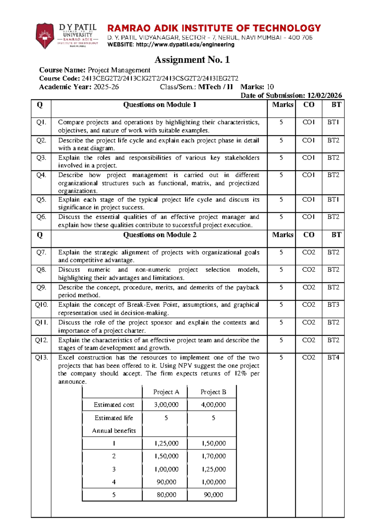MTech II Project Management Assignment No. 1: Module 1 & 2 Questions ...