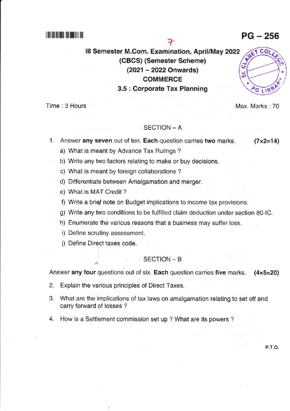 PG 256 M.Com. 7th Sem. Exam 2022: Corporate Tax Planning Notes - Studocu