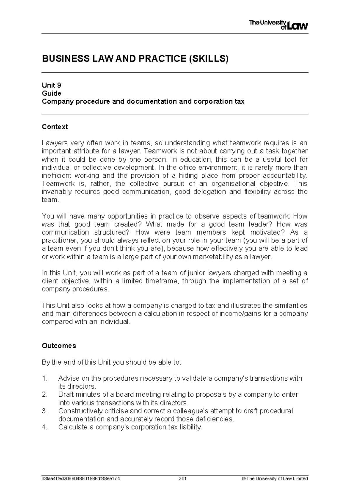 BL&P WS9 prep - BUSINESS LAW AND PRACTICE (SKILLS) Unit 9 Guide Company ...