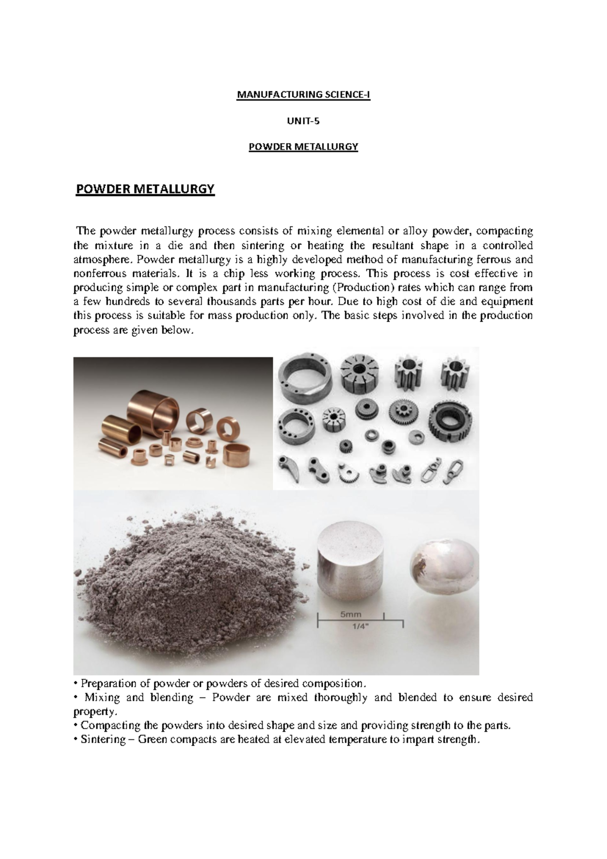 Powder Metallurgy Process Overview - Manufacturing Techniques - Studocu