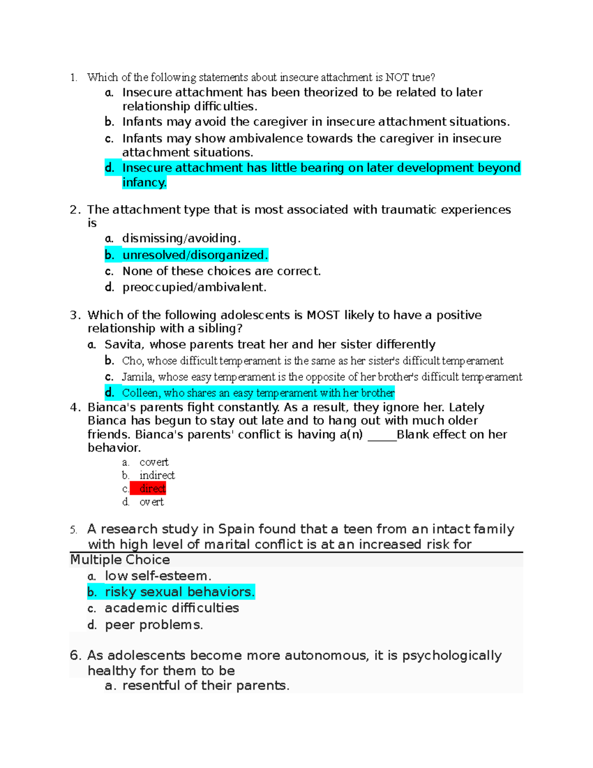 Test Mode 4A - Attachment Theory and Adolescent Behavior Analysis - Studocu