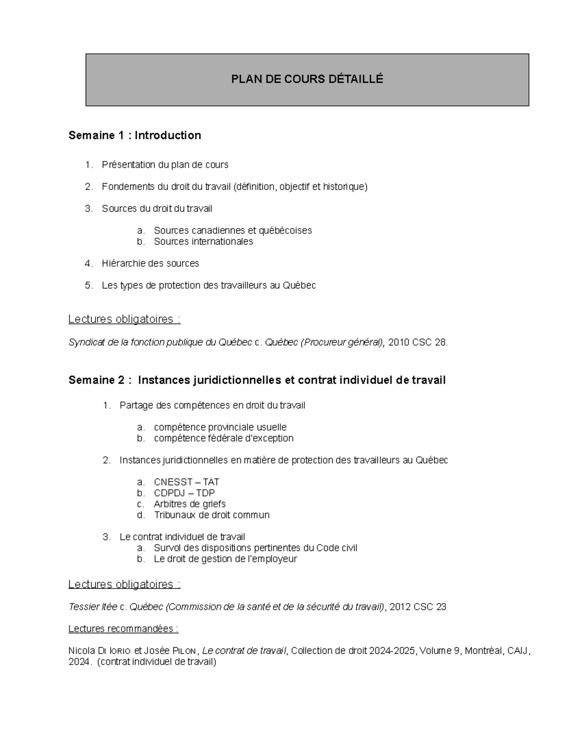 Plan de Cours Détailé A25 : Introduction au Droit du Travail et Normes ...