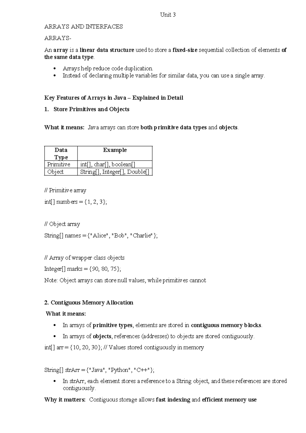 Unit 3: Java Arrays and Interfaces Overview - Studocu