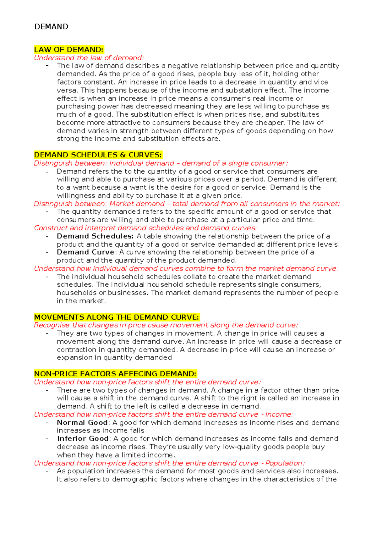 Demand Notes: Understanding the Law of Demand and Its Factors - Studocu