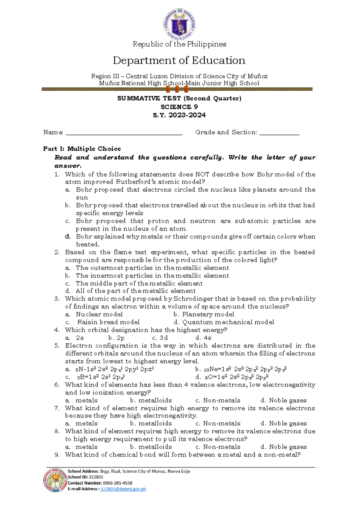 Science 9 2nd Quarter Summative Test S.Y. 2023-2024 - Studocu