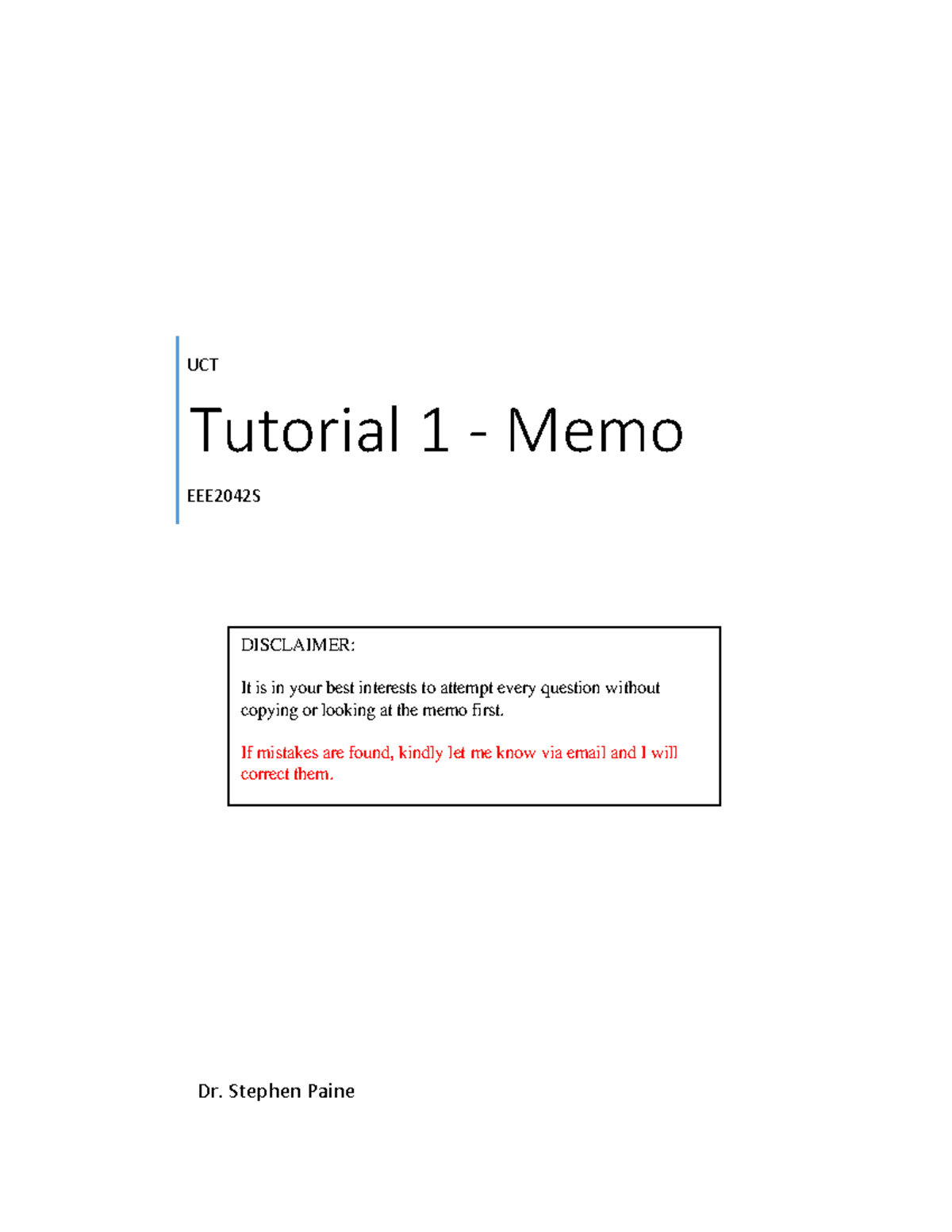 EEE2042S Tutorial 1 Memo: Circuit Basics and Design Solutions - Studocu