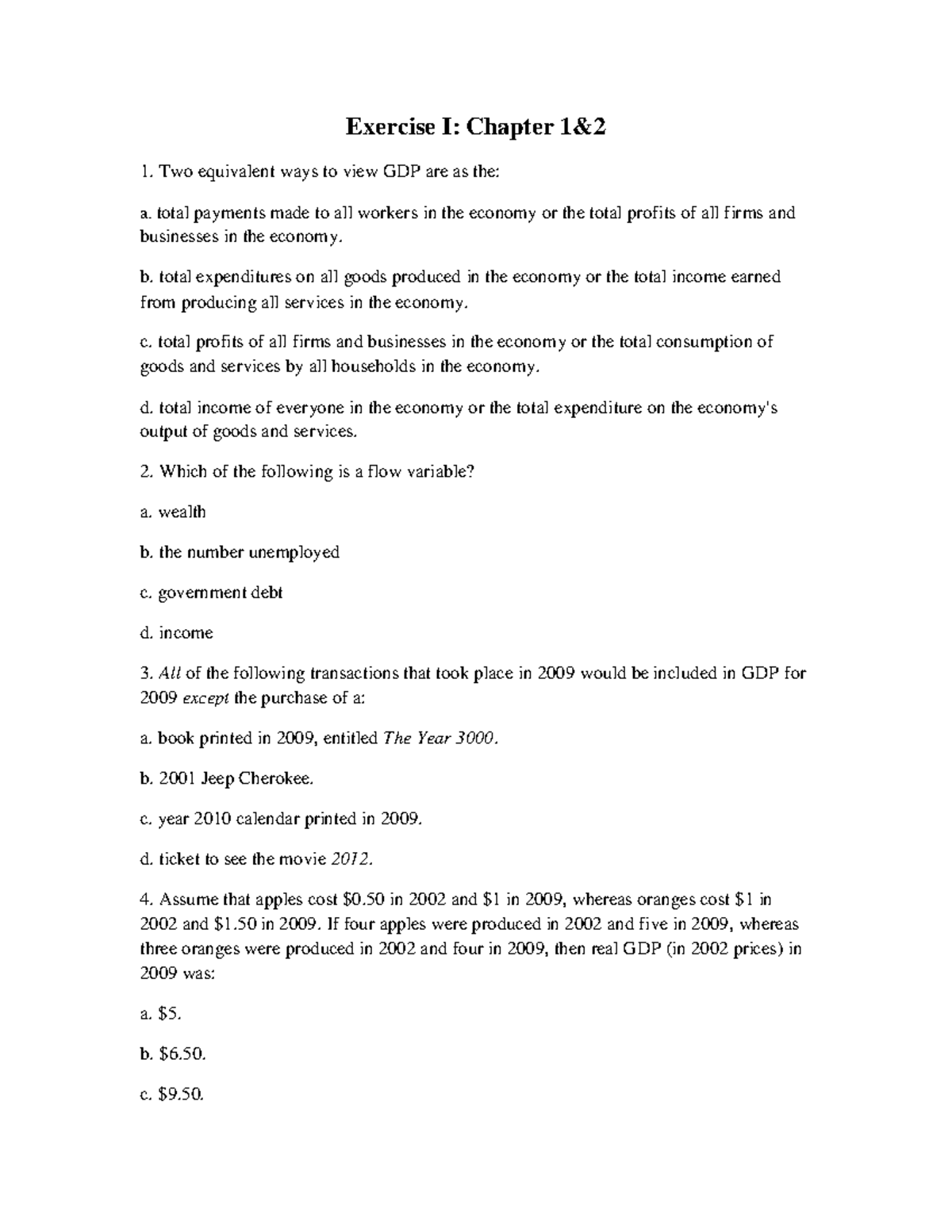 Exercise I: Chapter 1 - Understanding GDP and Economic Indicators - Studocu