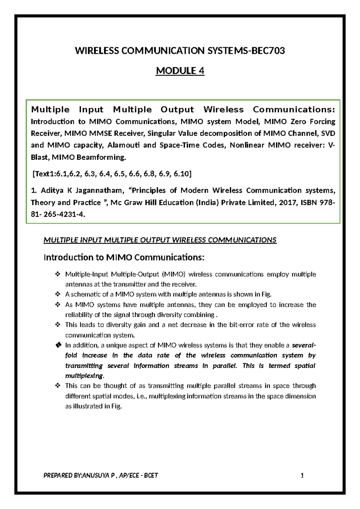 ANU WCN Module 4: MIMO Wireless Communications Overview and Techniques ...