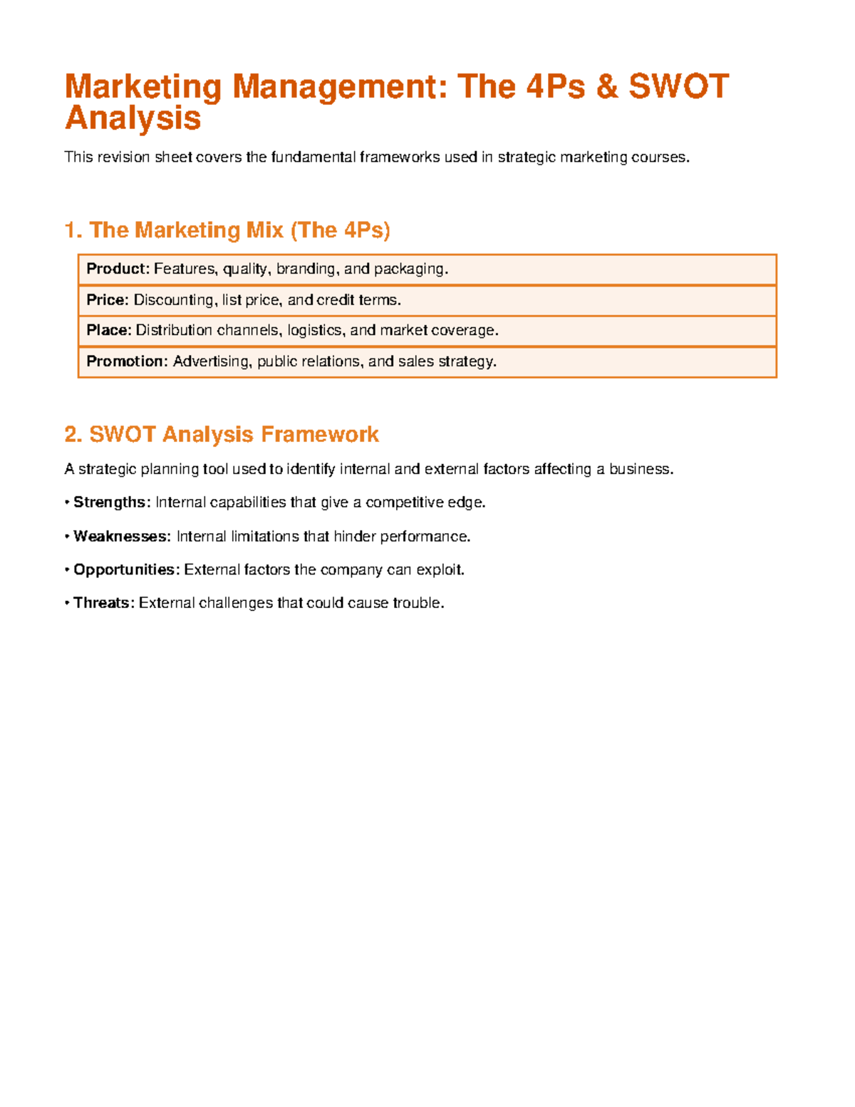 Marketing essentials revision - Marketing Management: The 4Ps & SWOT ...