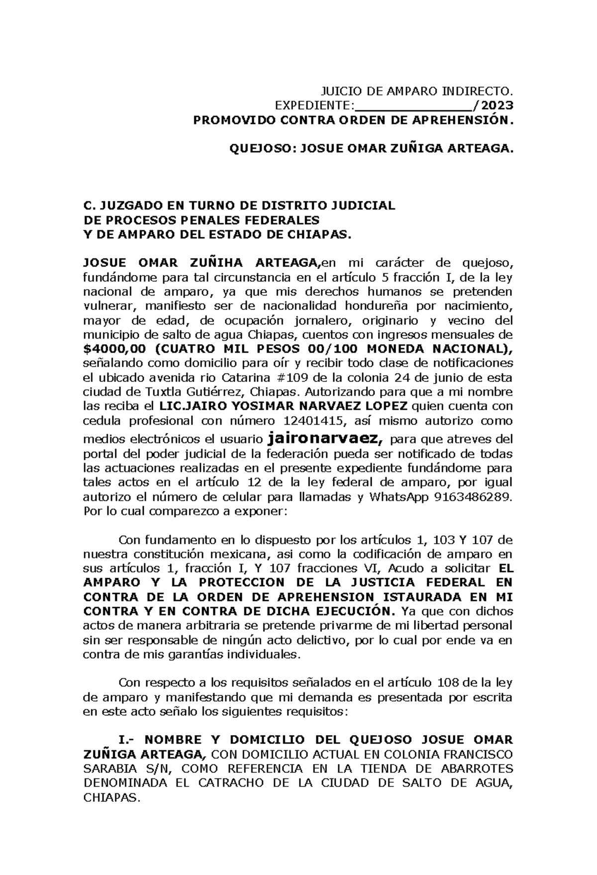 Juicio de Amparo Indirecto contra Orden de Aprehensión - J.Z.A. - Studocu