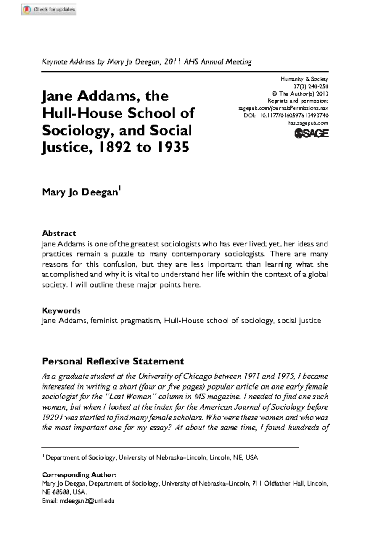 Jane Addams, Hull-House, & Feminist Pragmatism in Sociology - Studocu