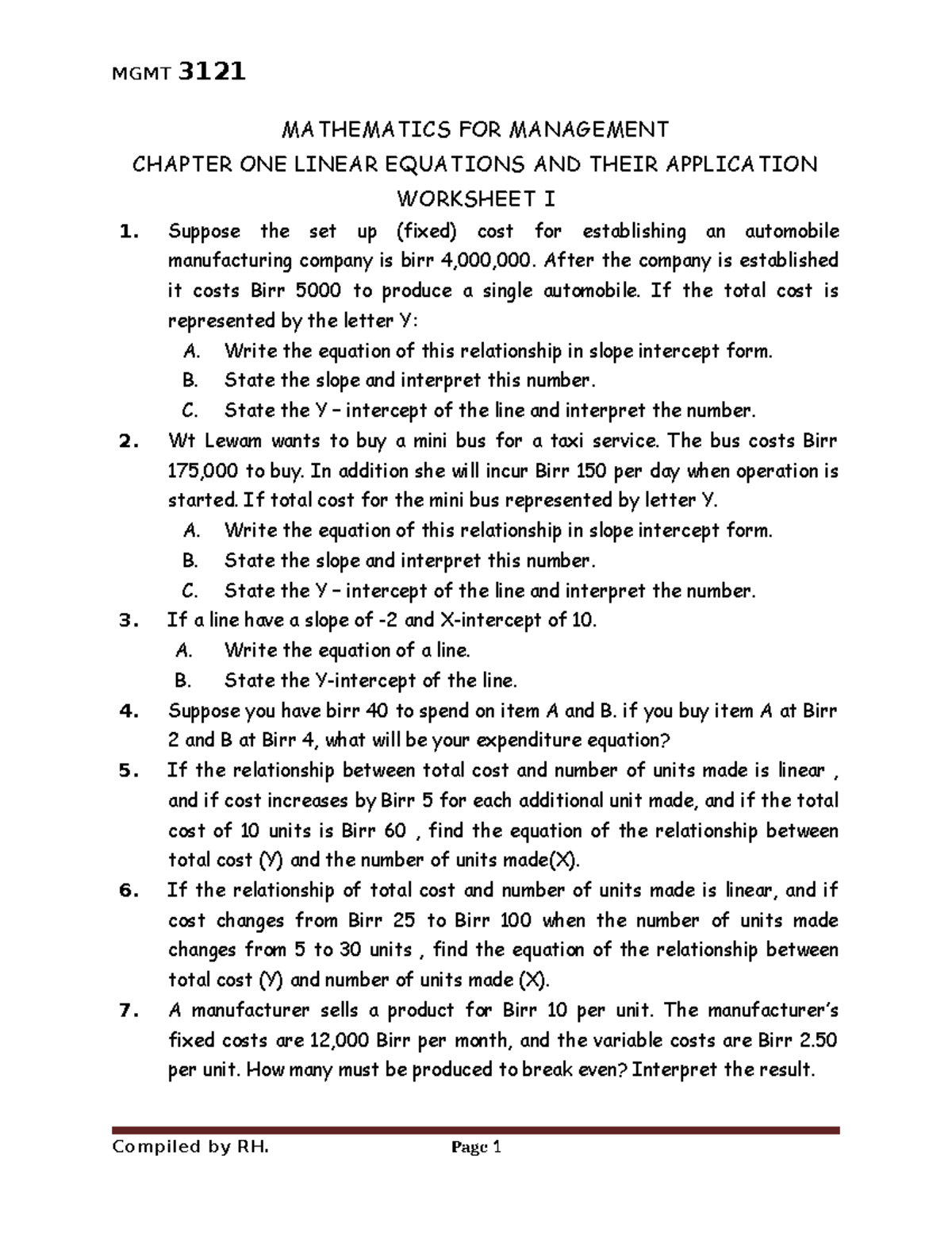 Worksheet Ch I - Mathematics - MATHEMATICS FOR MANAGEMENT CHAPTER ONE ...