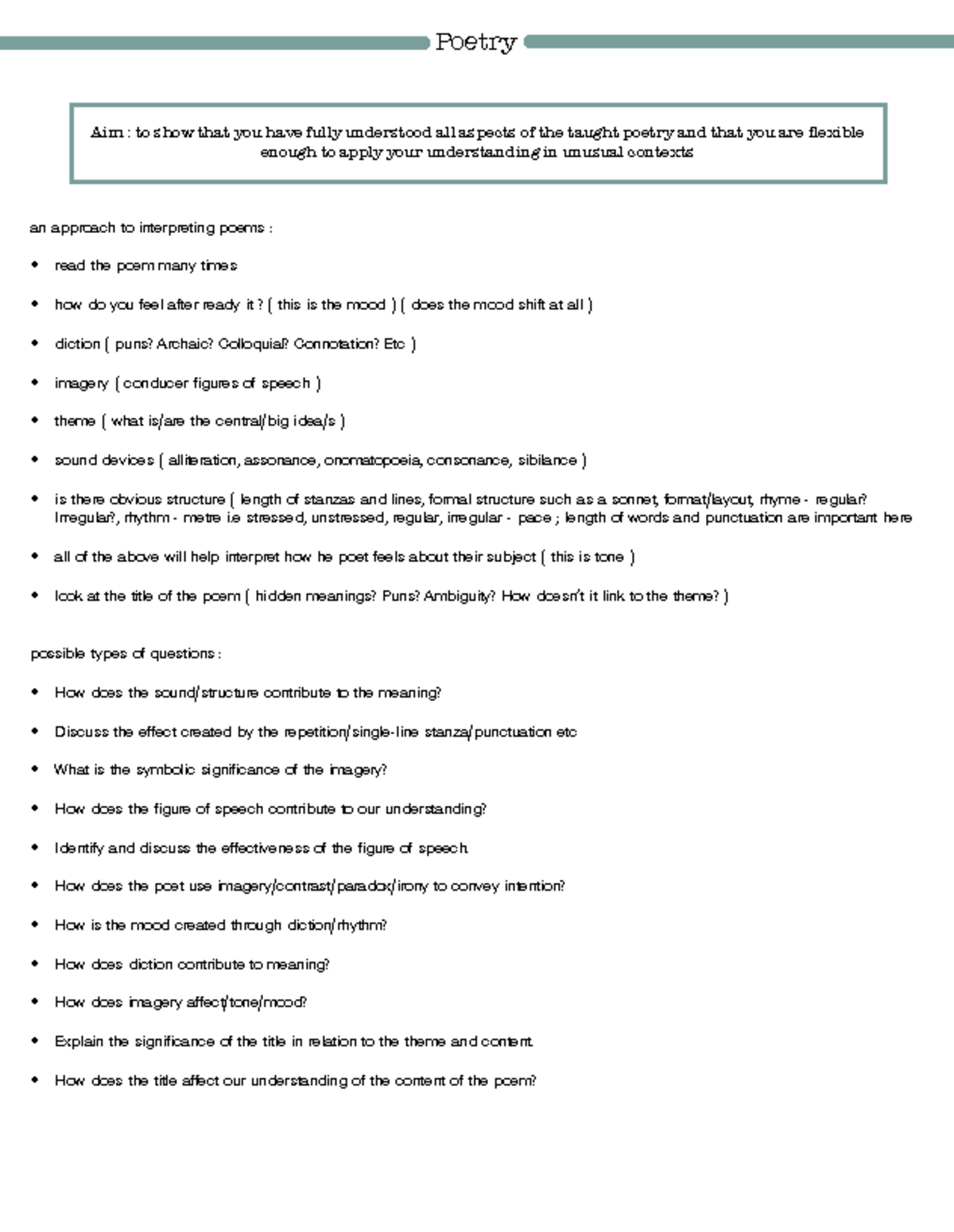Poetry Analysis Guide - English HL: Interpreting Poems & Techniques ...