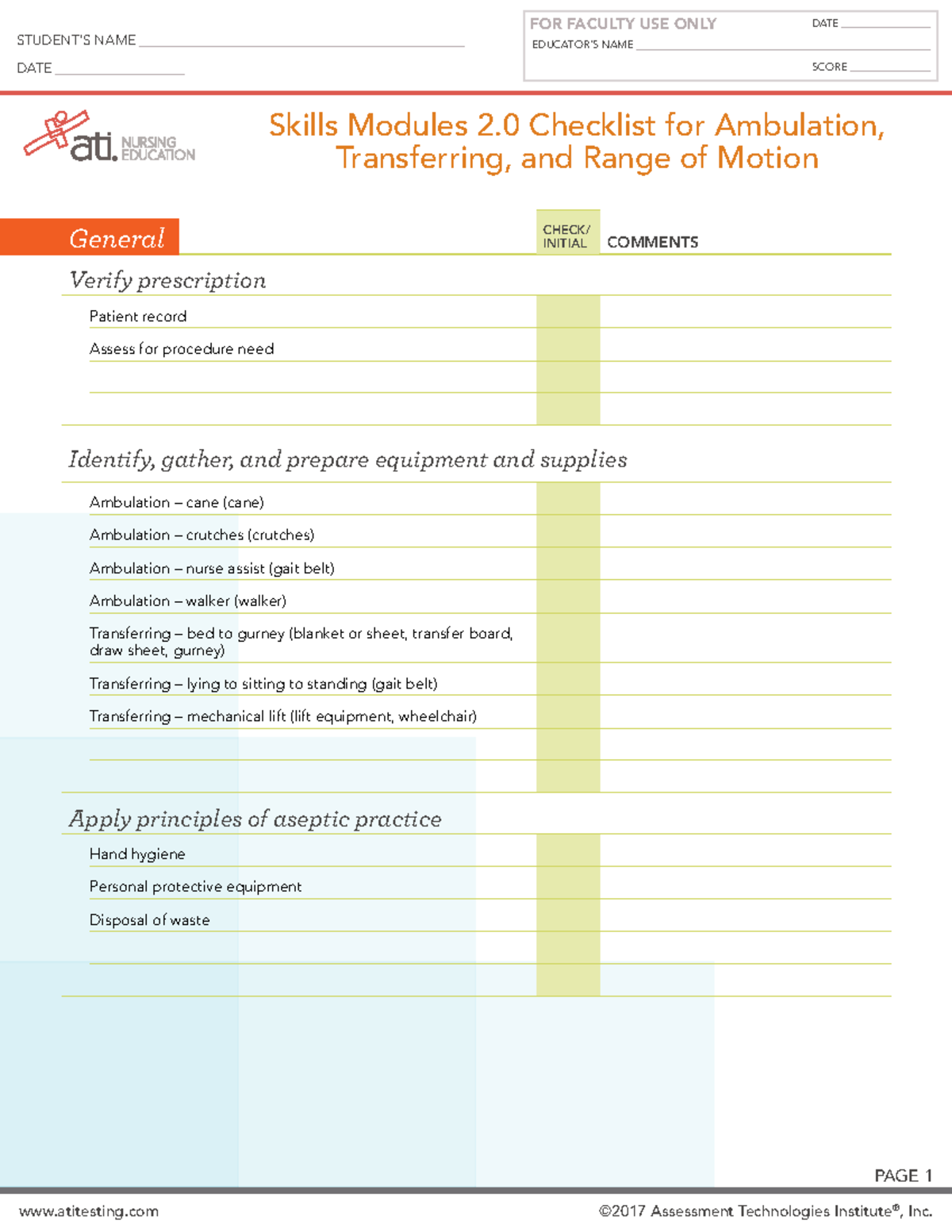 Skills Checklist for Ambulation, Transferring & ROM - Module 2.0 - Studocu