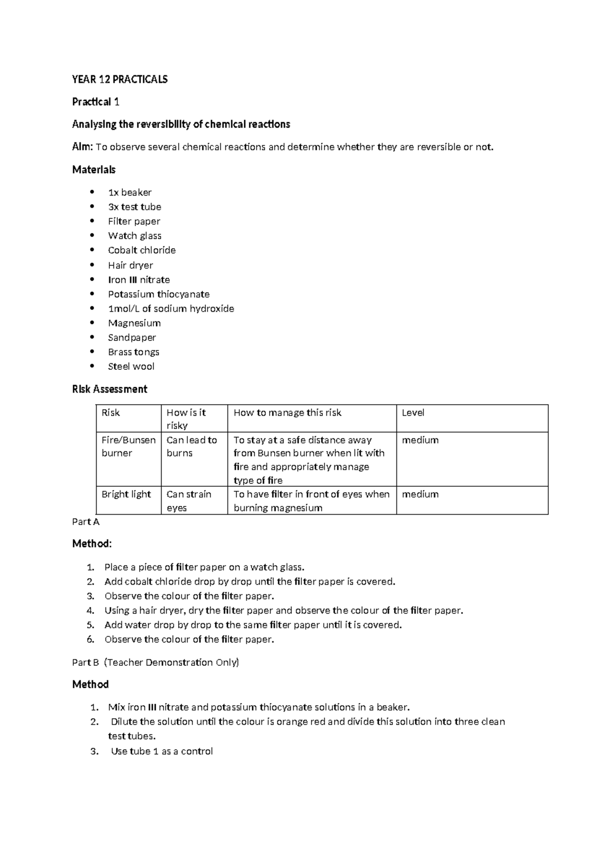 YEAR 12 PRACTICALS Module 5-1: Analyzing Chemical Reactions and ...
