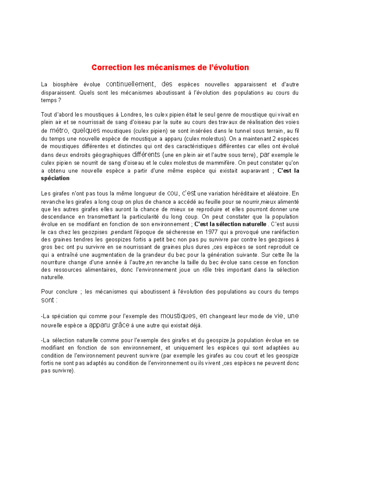 Correction détaillée les mécanismes de l'évolution - Correction les ...
