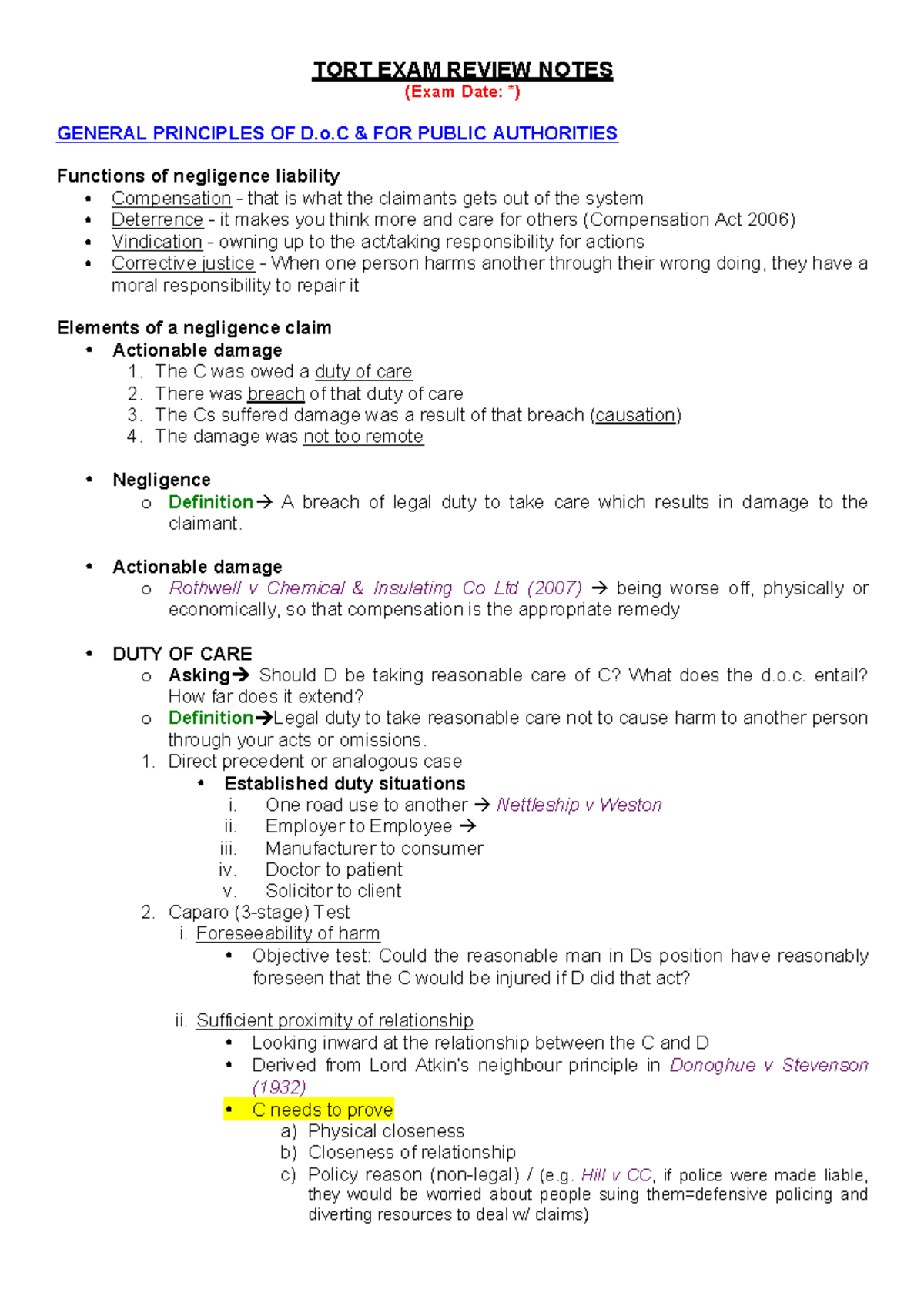 TORT 101: Final Exam Review Notes on Negligence & Duty of Care - Studocu