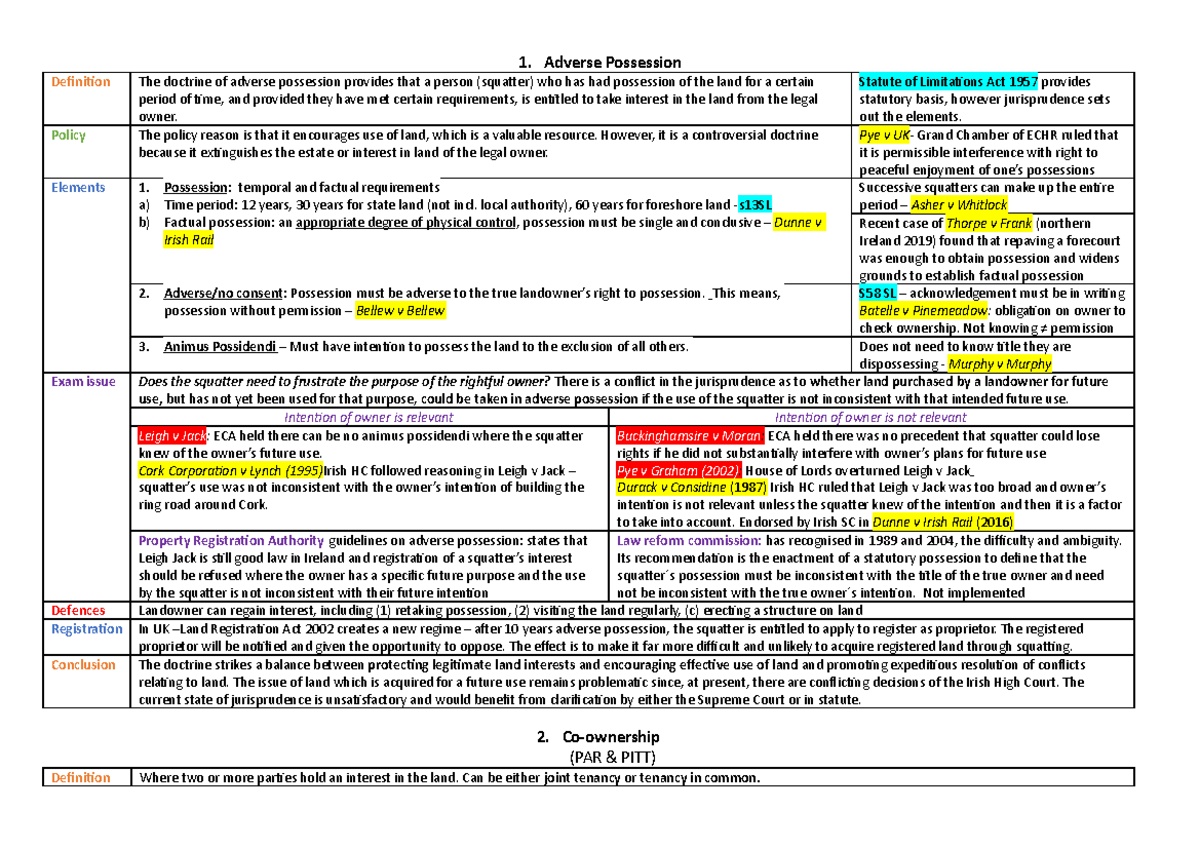 LAND LAW (LAW123) Lecture Notes - Adverse Possession & Co-ownership ...
