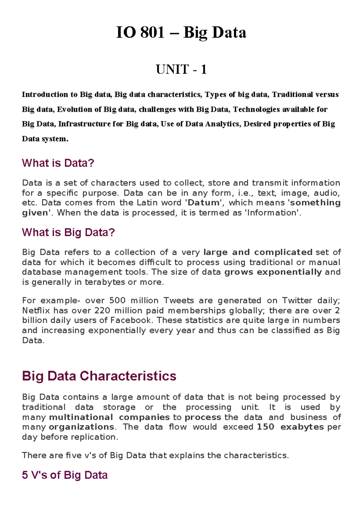 Big Data unit 1 notes - IO 801 – Big Data UNIT - 1 Introduction to Big ...