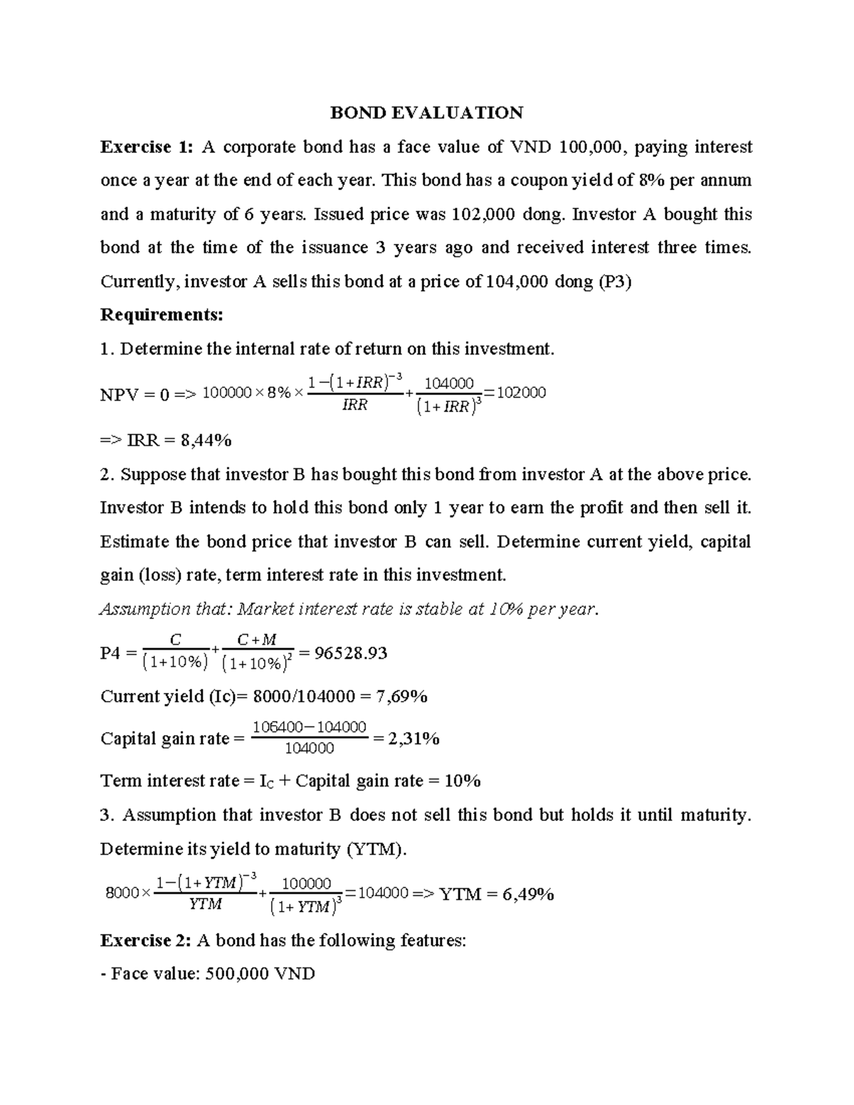 Chapter 6: BOND EVALUATION Exercises on IRR, YTM, and Current Yield ...