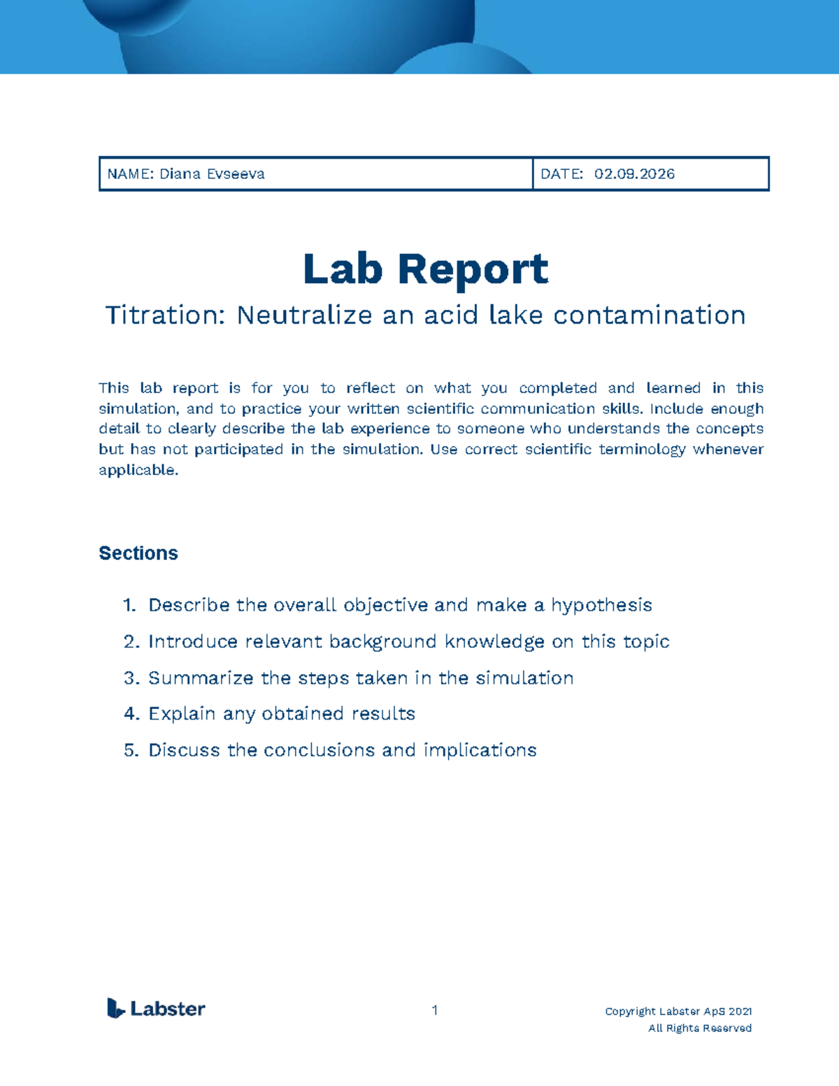 Lab Report: Titration to Neutralize Acid Lake Contamination - Studocu