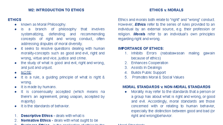 W2: Ethics Overview and Cultural Perspectives - Final Exam Notes - Studocu