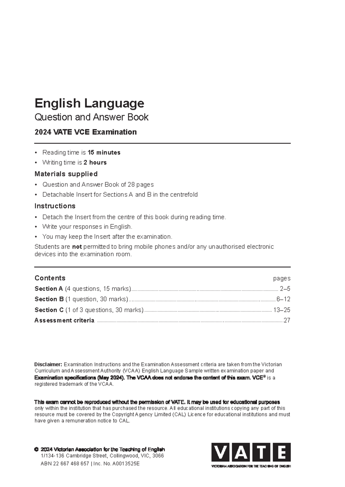 2024 VATE VCE English Language Practice Exam Guide - Studocu