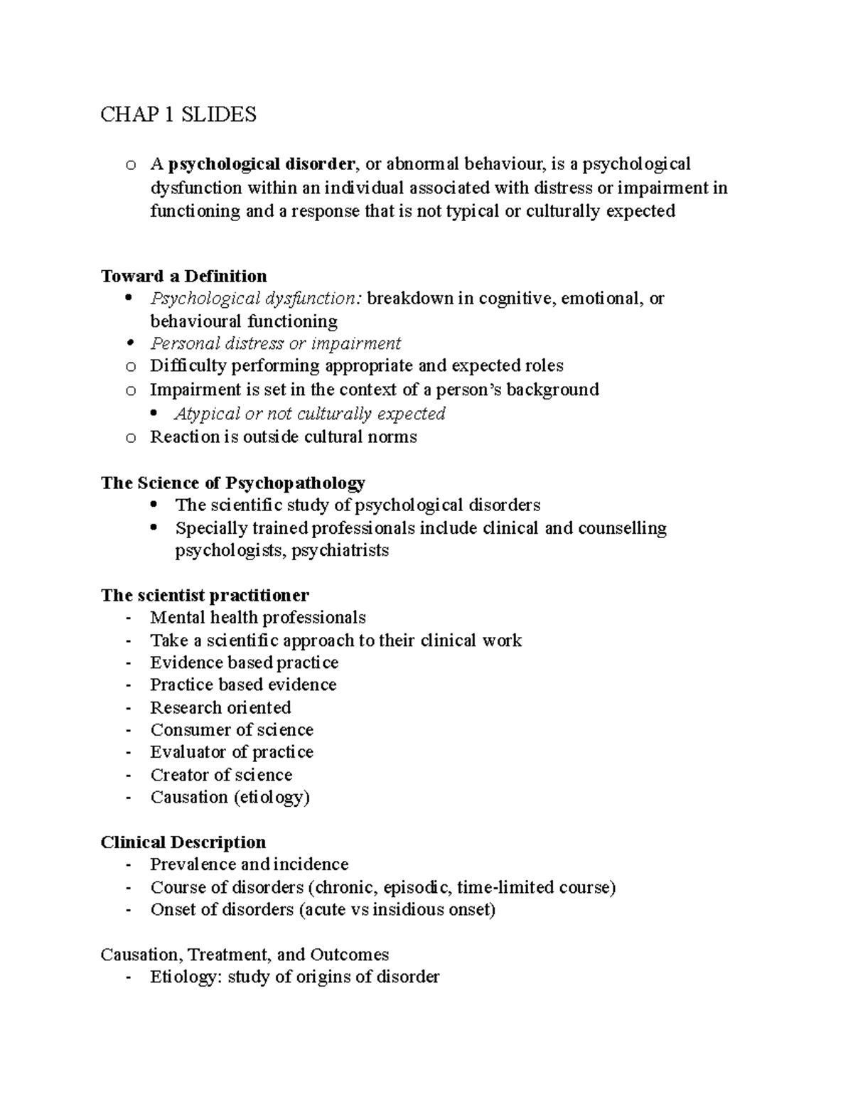 Psychological Disorders Overview - CHAP 1 Lecture 1 Notes - Studocu
