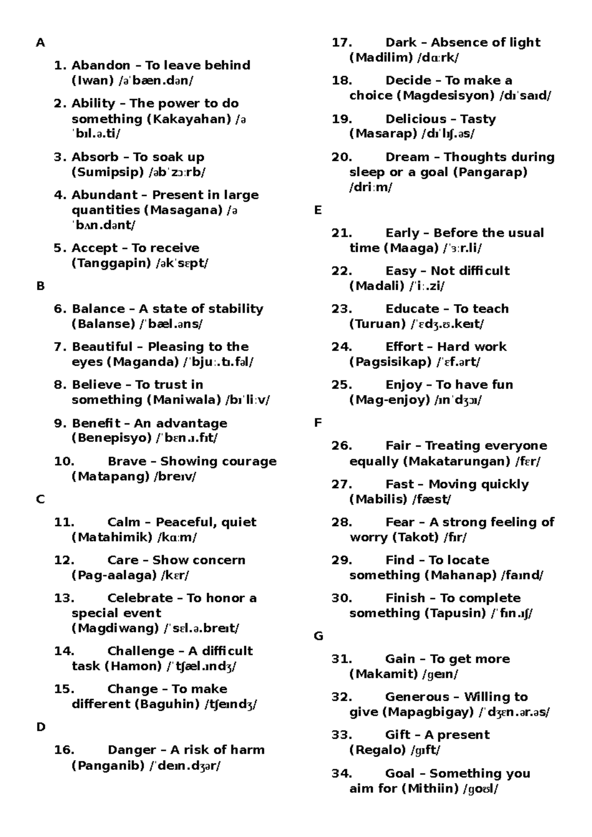 Dictionary of Vocabulary Terms and Definitions (ENG-Tagalog) - Studocu