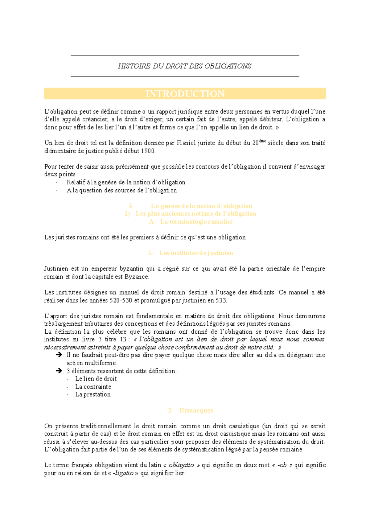 HDO - Introduction au Droit des Obligations: Concepts et Sources - Studocu
