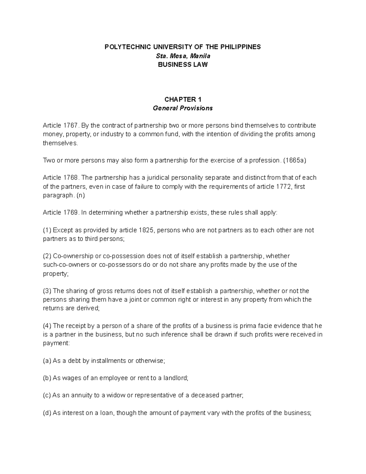Partnership Law Overview - RA 386 - Chapter 1 Provisions - Studocu