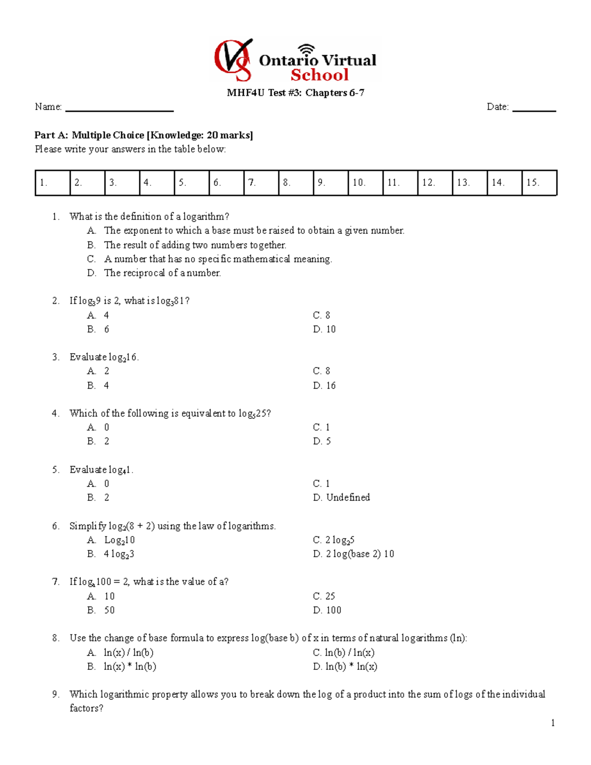 MHF4U Test 3: Logarithms and Applications questions and answers - Studocu