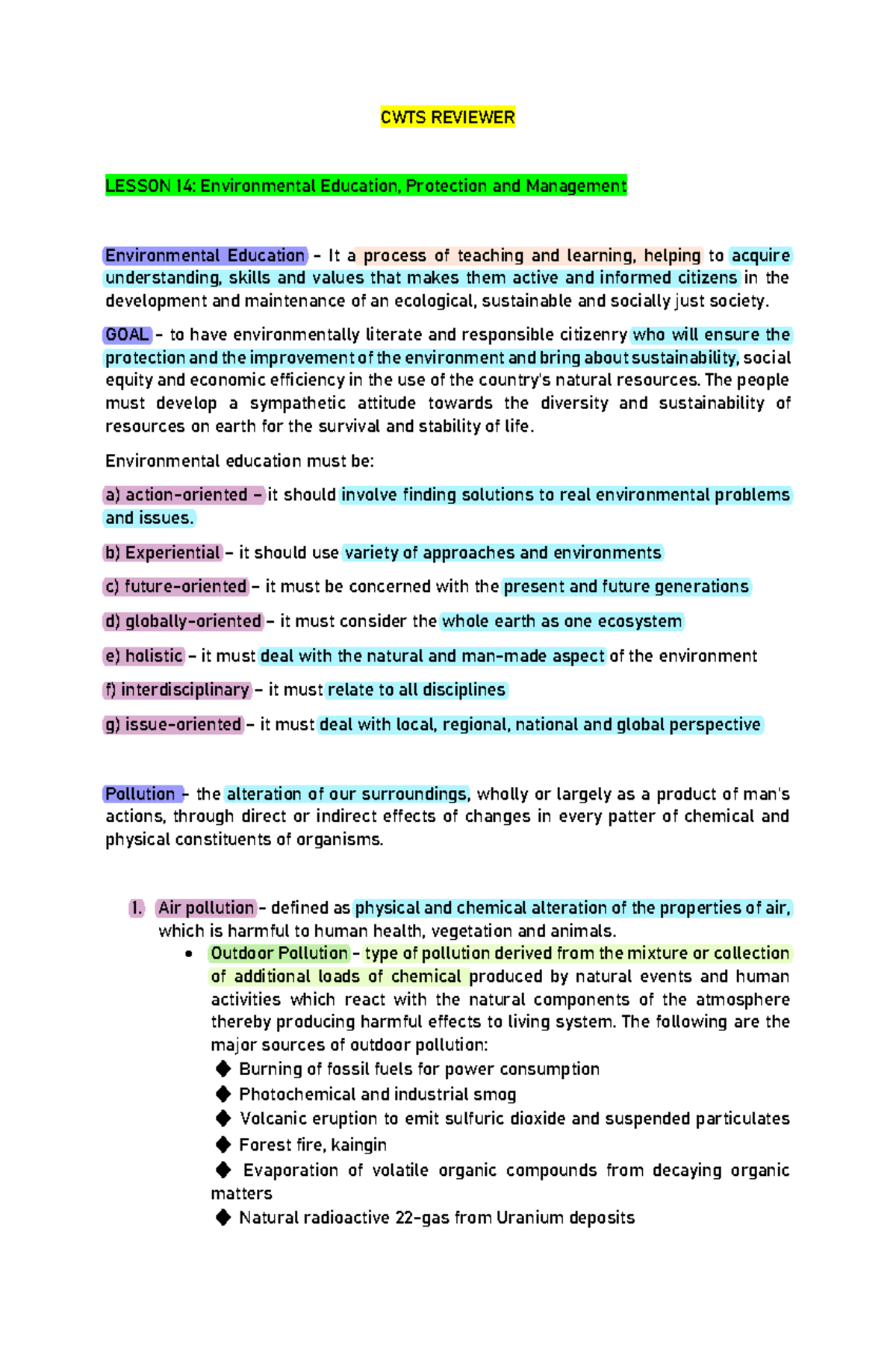CWTS- Lesson on Environmental Education, Protection & Management - Studocu