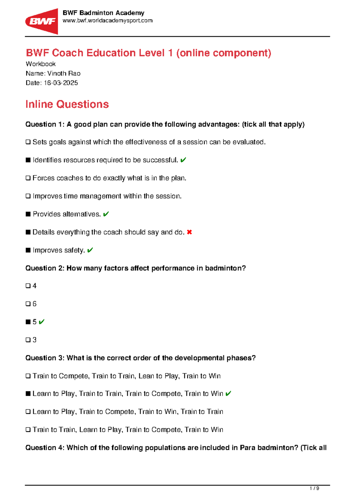 BWF Coach Ed Level 1 Workbook: Online Component Insights and Exercises ...