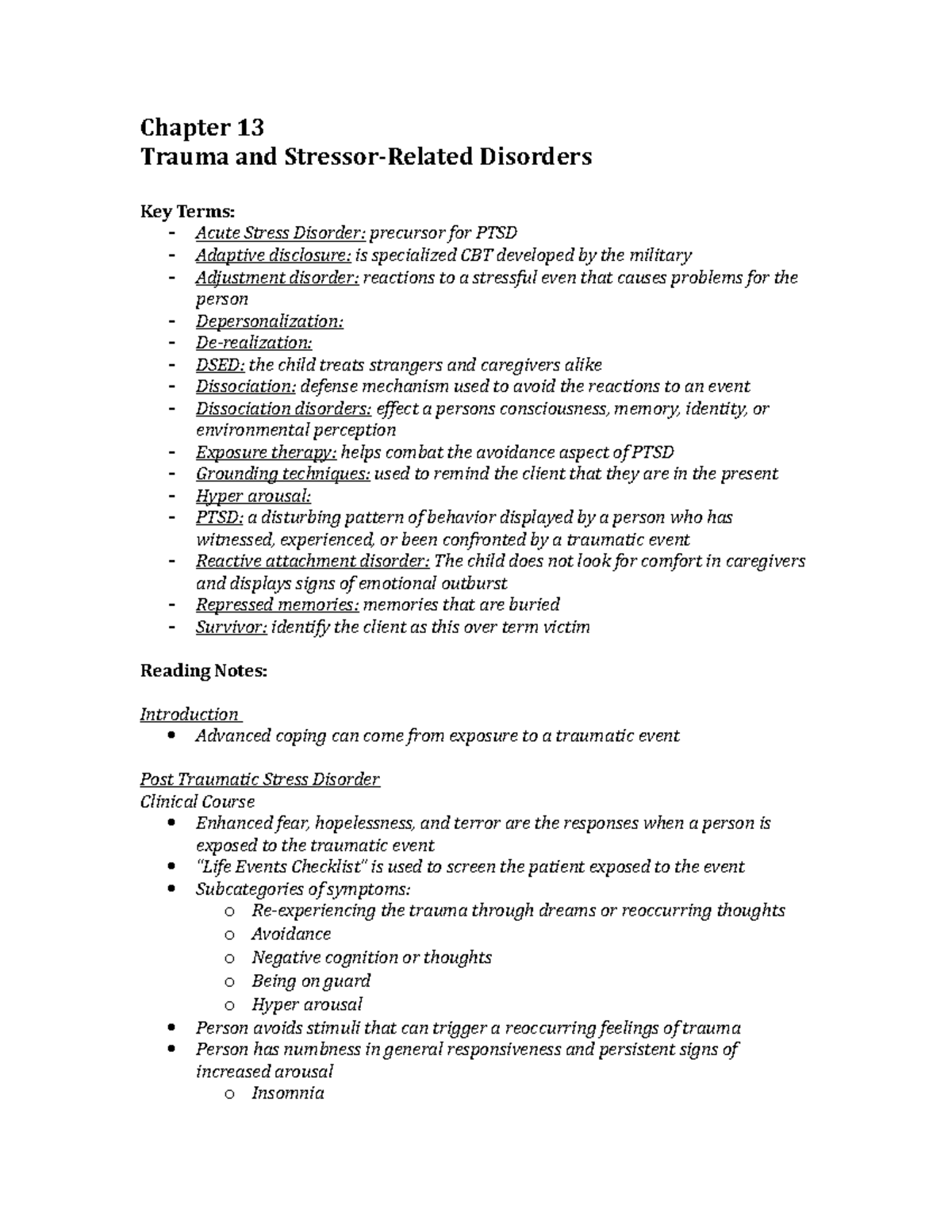 Chapter 13 - Trauma and Stressor Disorders Notes - Chapter 13 Trauma ...
