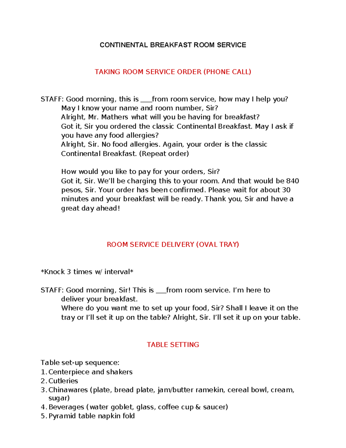 Continental Breakfast Room Service Procedure Guide - Studocu