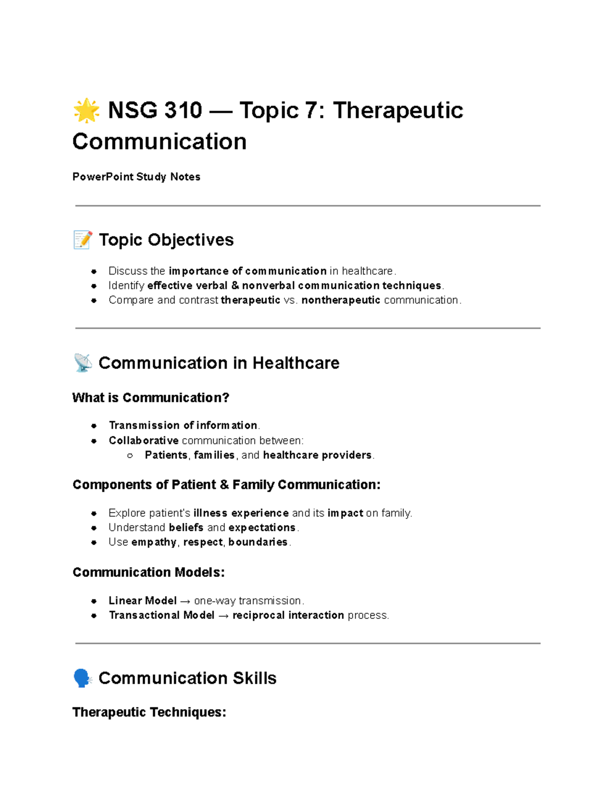 NSG 310 Topic 7: Therapeutic Communication Study Notes for Exams - Studocu