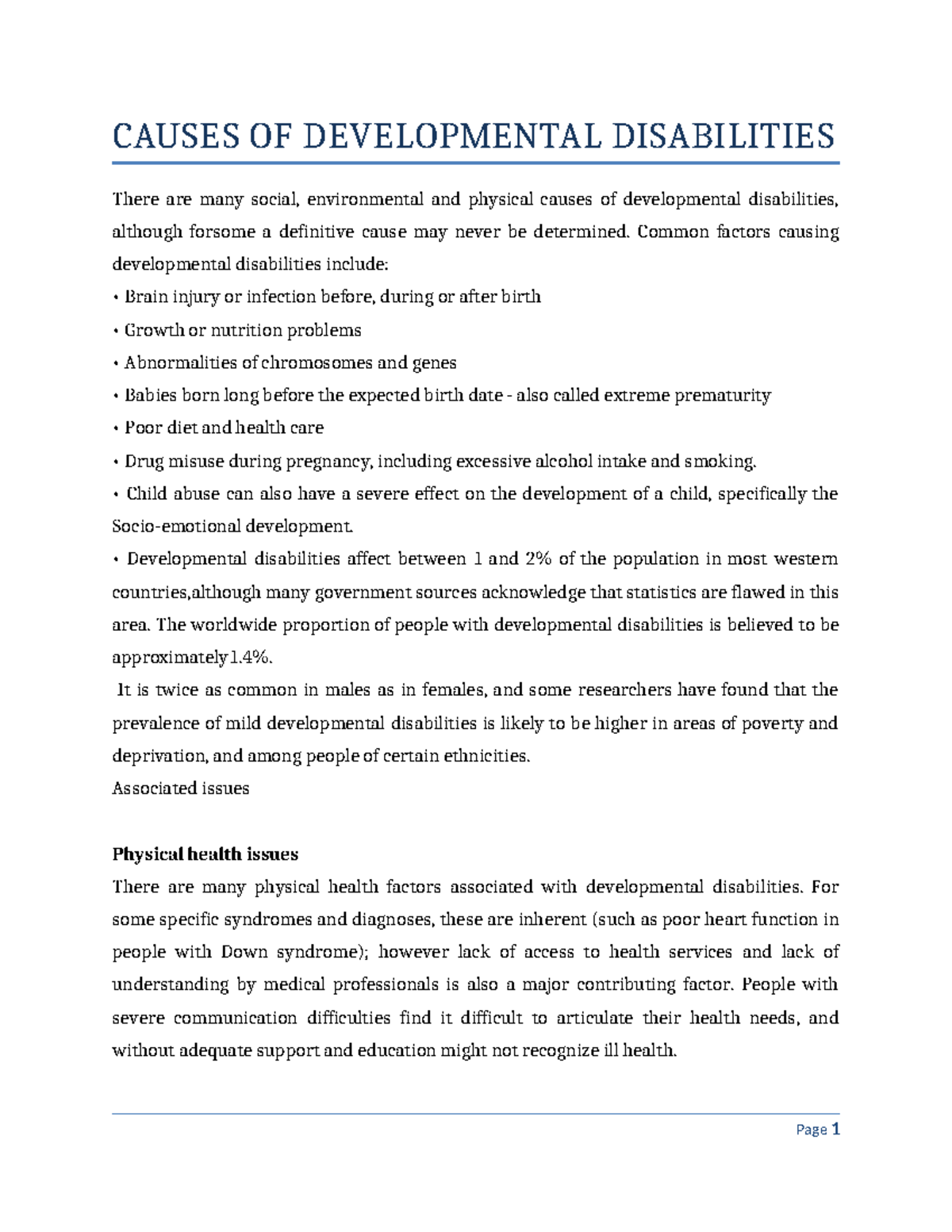 CAUSES OF DEVELOPMENTAL DISABILITIES - TOPIC 5 OVERVIEW - Studocu