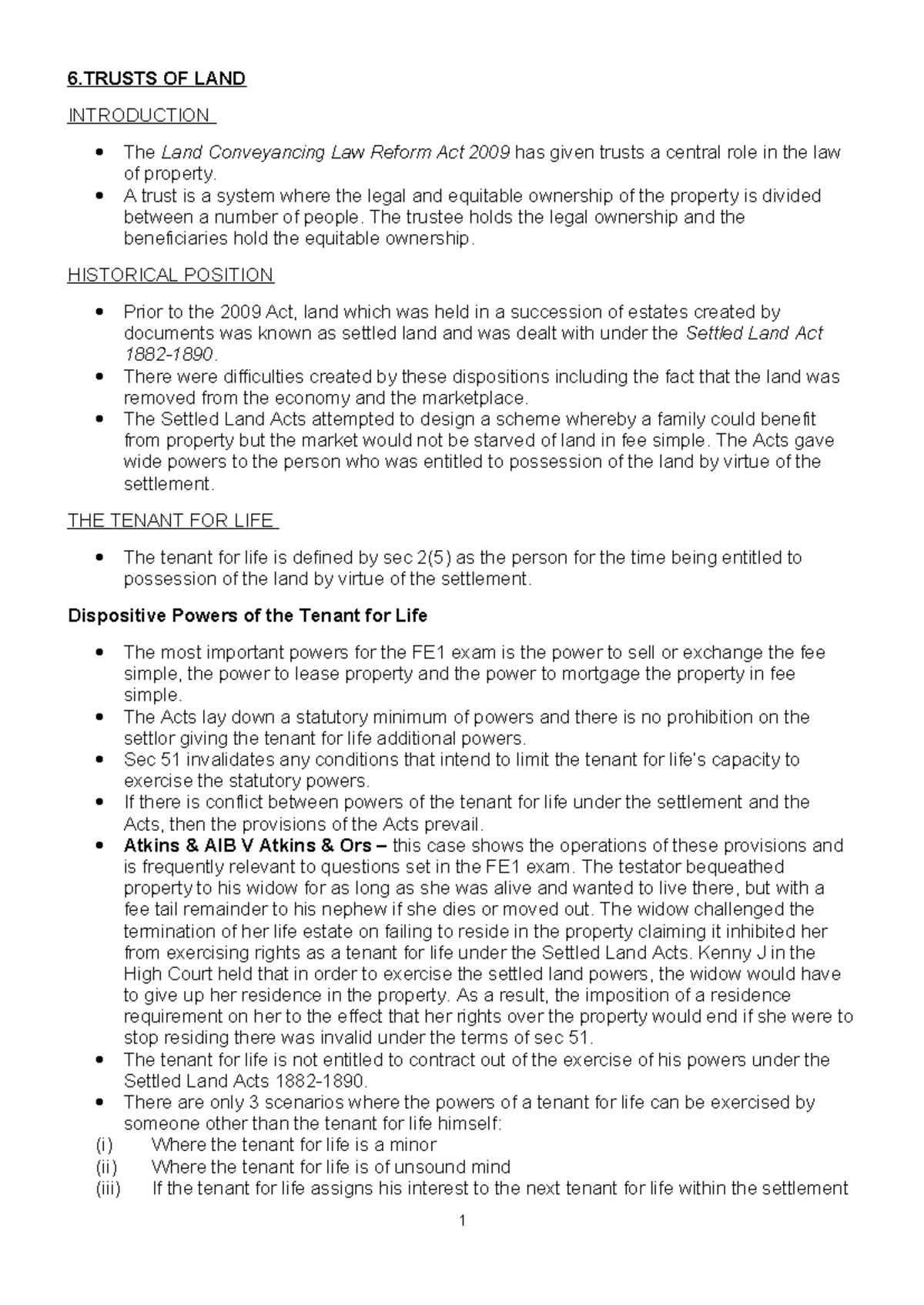 6.LAW NOTES: Trusts of Land & the 2009 Reform Act Overview - Studocu