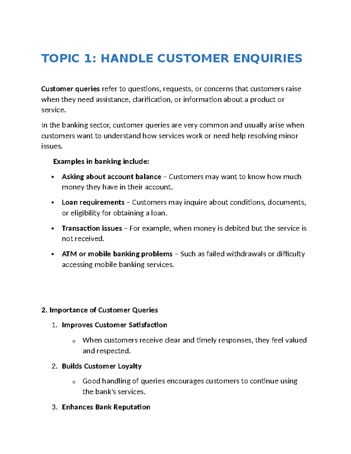 Banking 101: Handling Customer Enquiries and Queries - Studocu