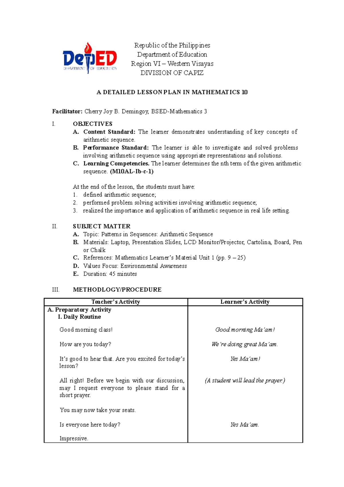 Detailed Lesson Plan in Mathematics 10-converted - Republic of the ...
