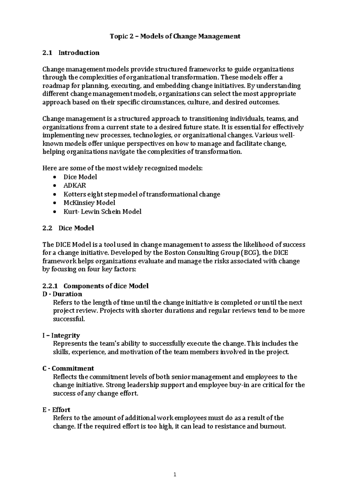Topic 2 - Models of Change Management - Topic 2 – Models of Change ...