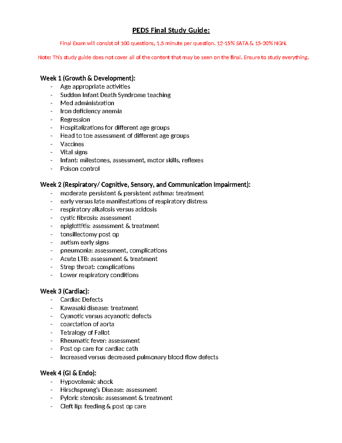 PEDS Final Exam Study Guide: Key Topics and Content Review - Studocu