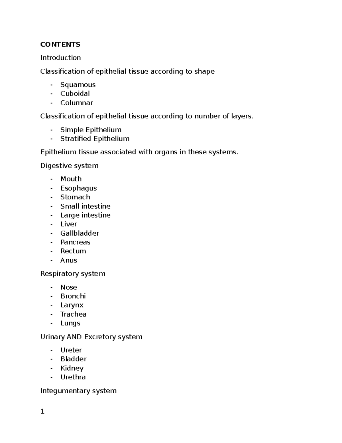 ANAT 101: Epithelial Tissue Classification and Organ Associations - Studocu