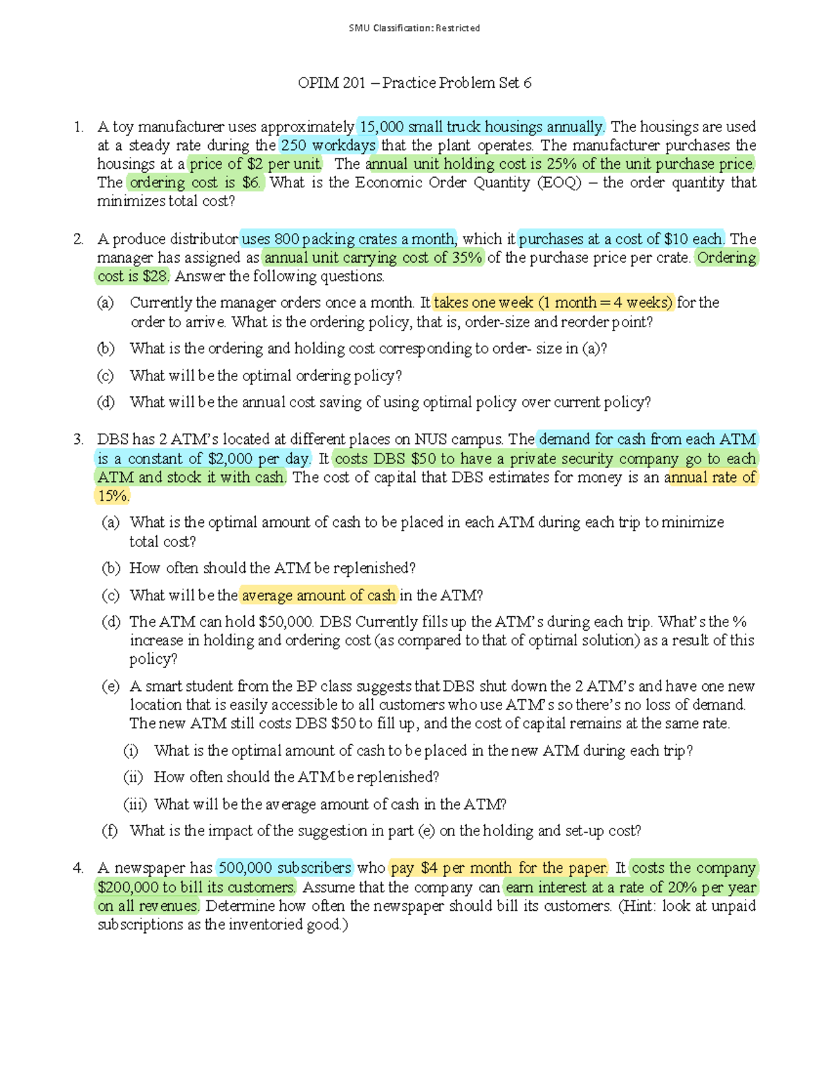 Practice Problem Set 6 - EOQ Model - SMU Classification: Restricted ...