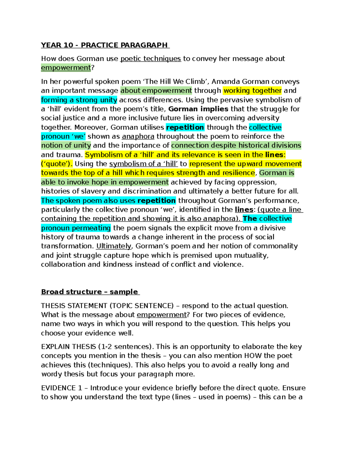YEAR 10 PRACTICE PARAGRAPH: Analyzing Gorman's Poetic Techniques on ...