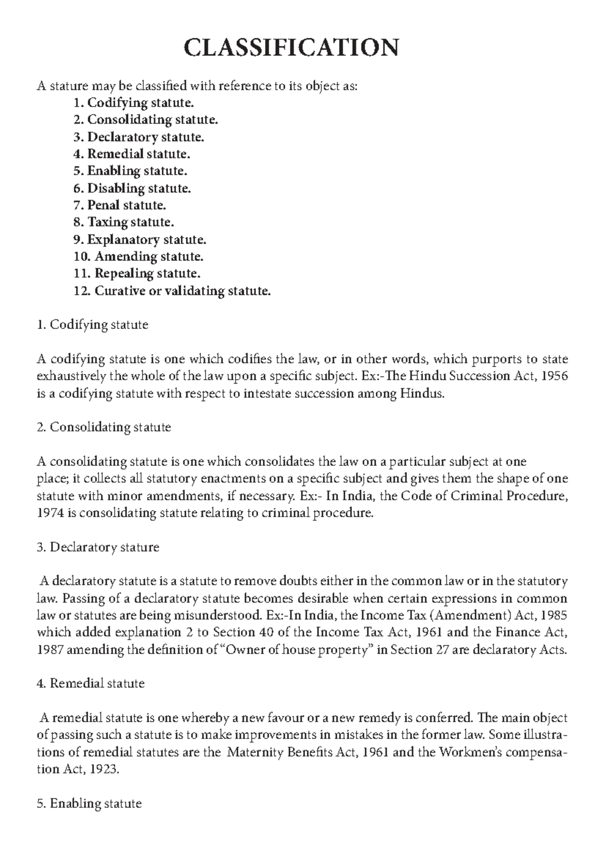 Classification of Statutes: Types and Definitions (IOS) - Studocu