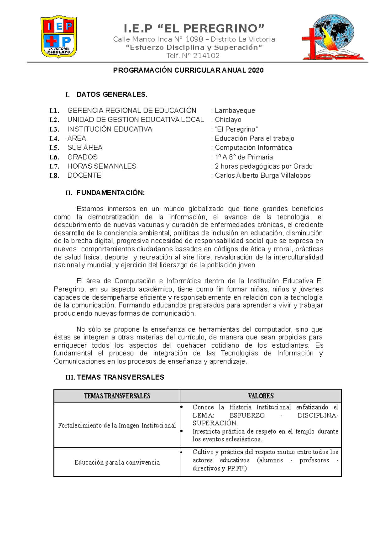Programación Anual de Computación Primaria 2020 para I.E. "El Peregrino" - Document Preview