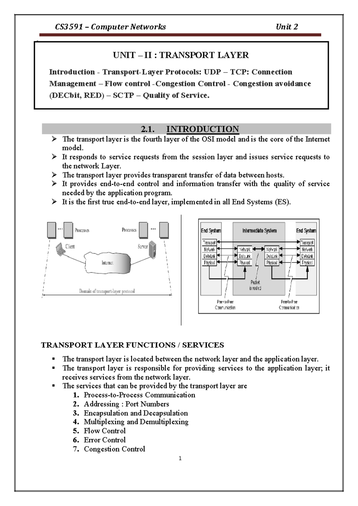 CS3591 Unit 2 - Overview of Transport Layer Services & Protocols - Studocu