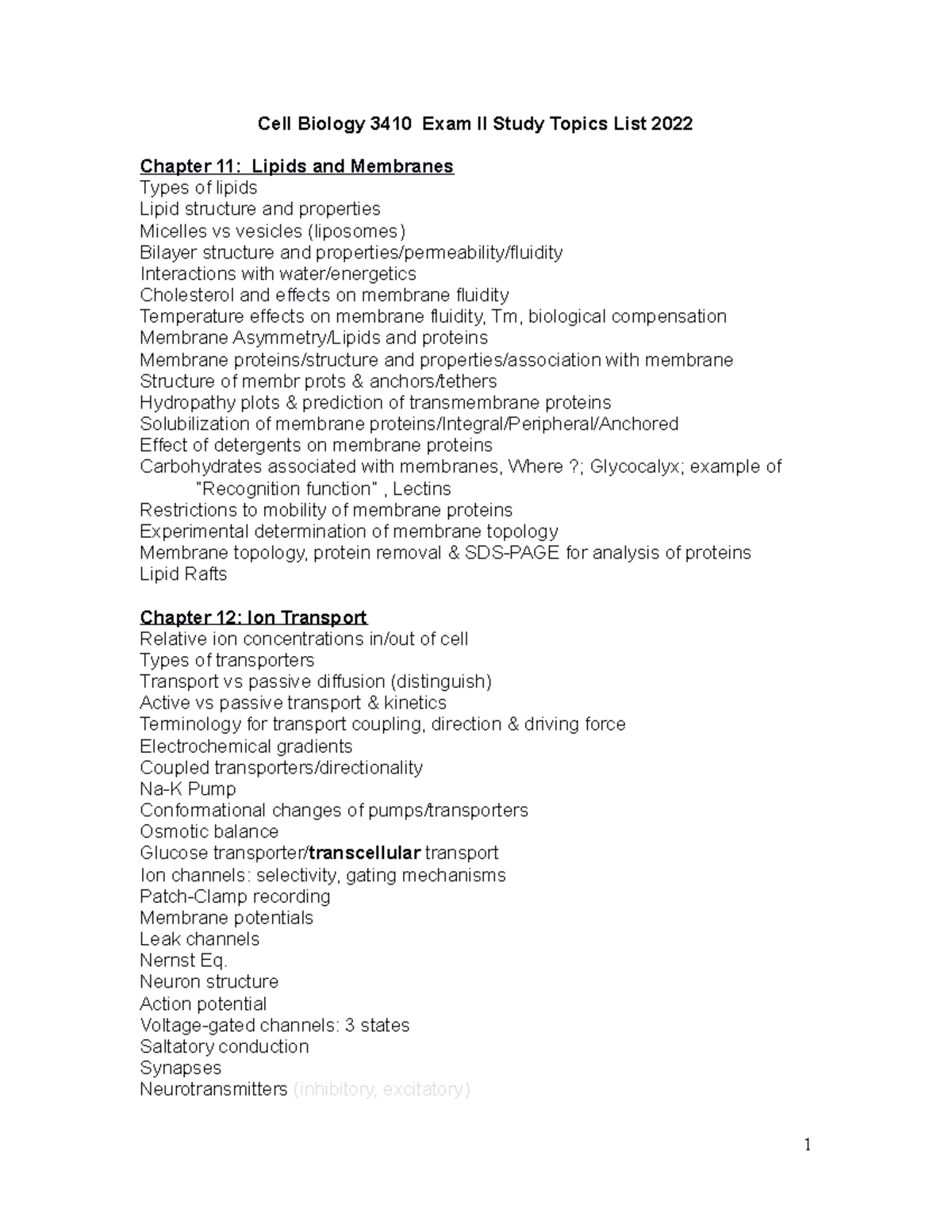 Cell Biology 3410 Exam II Study Topics: Membranes, Transport, and ...